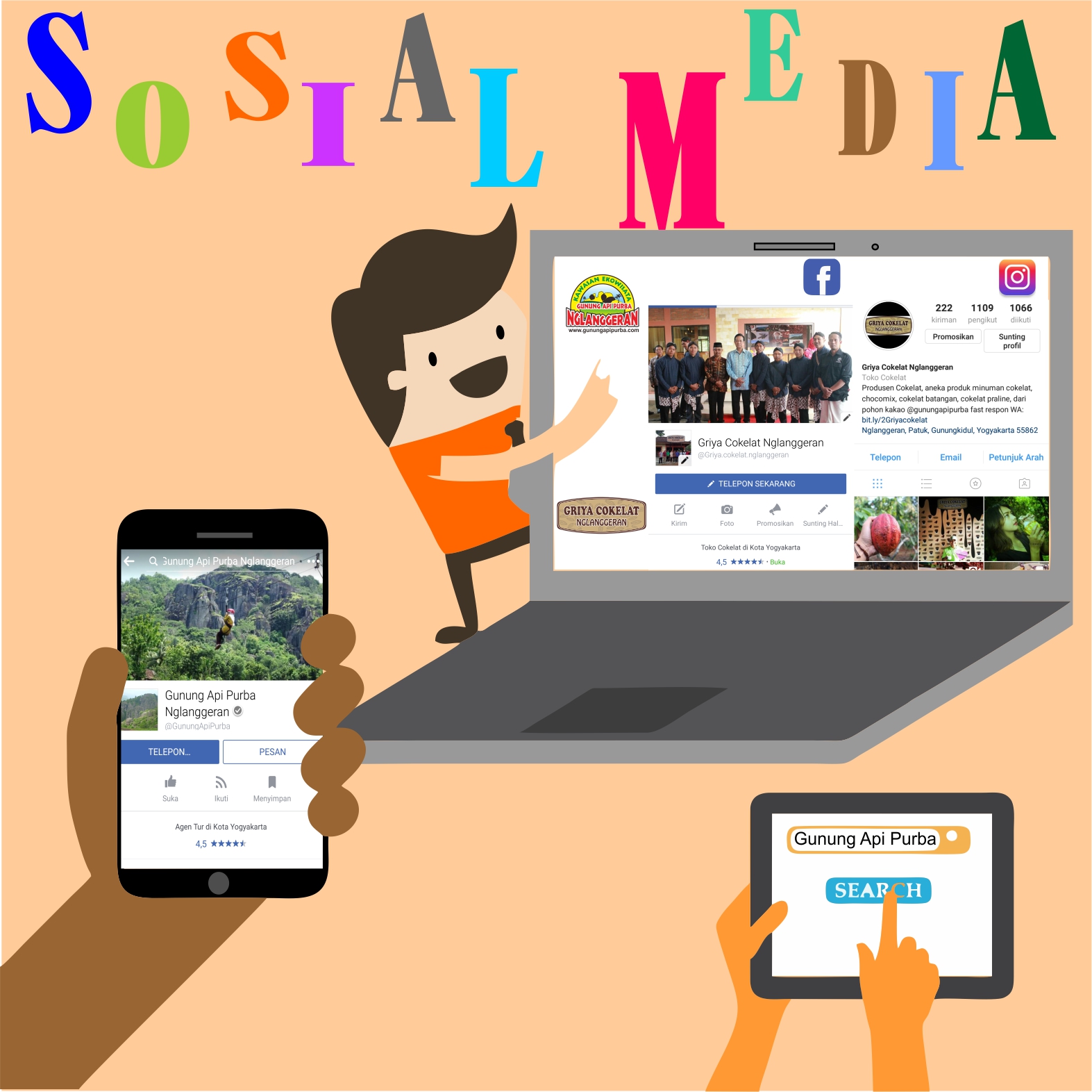 Media Pemasaran Desa Wisata Nglanggeran, Instagram serta Facebook Gunung Api Purba dan Griya Cokelat Nglanggeran
